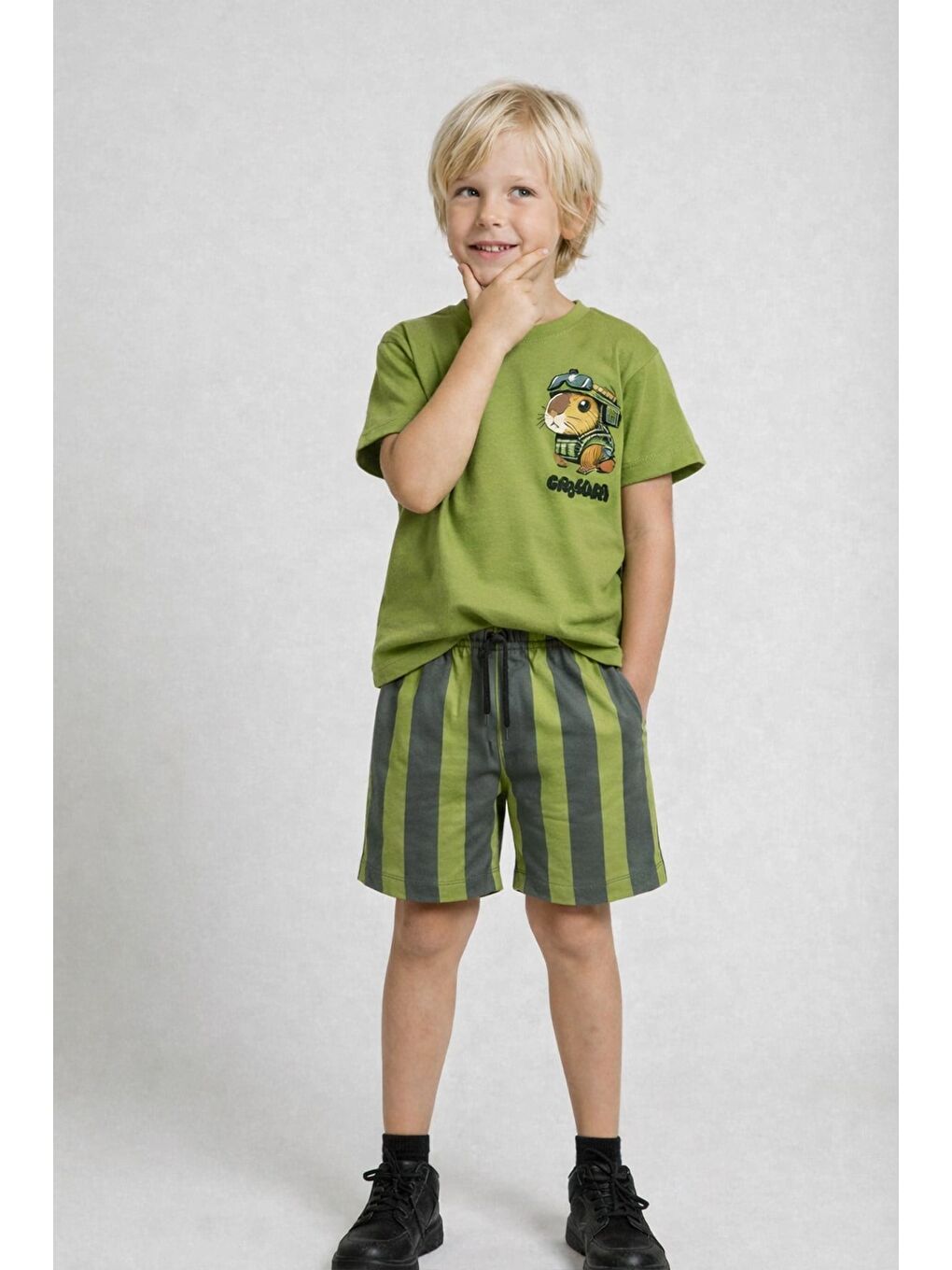 Erkek Çocuk Pamuklu Baskılı Yeşil T-Shirt Ve Şort Alt Üst Takım