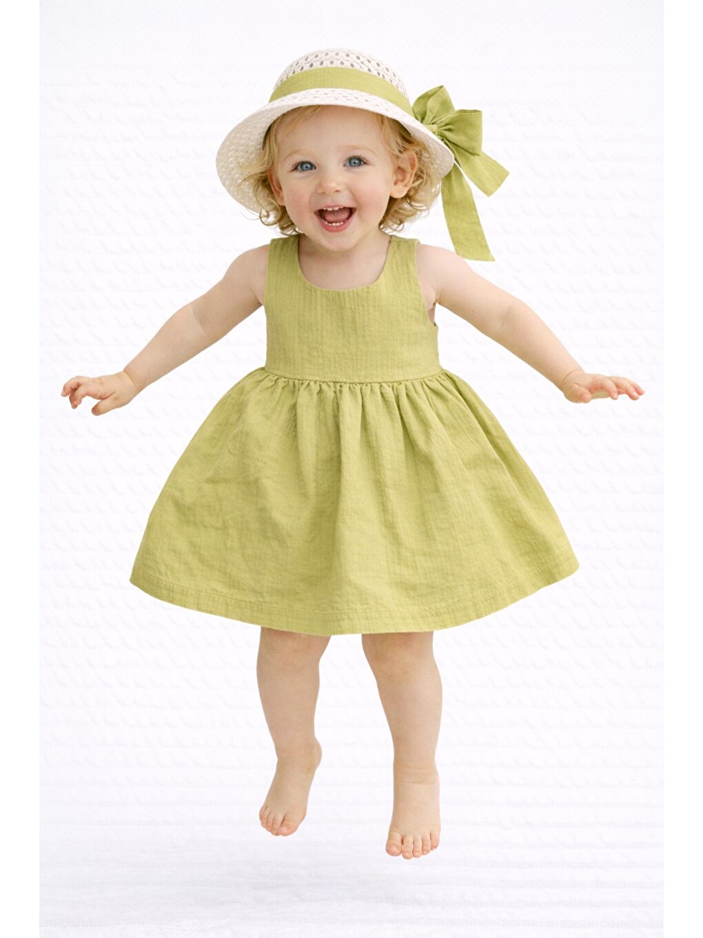 Yeşil Tatlı Kız Bebek Yazlık Fiyonklu Şapkalı Pamuklu 2'li elbise-4