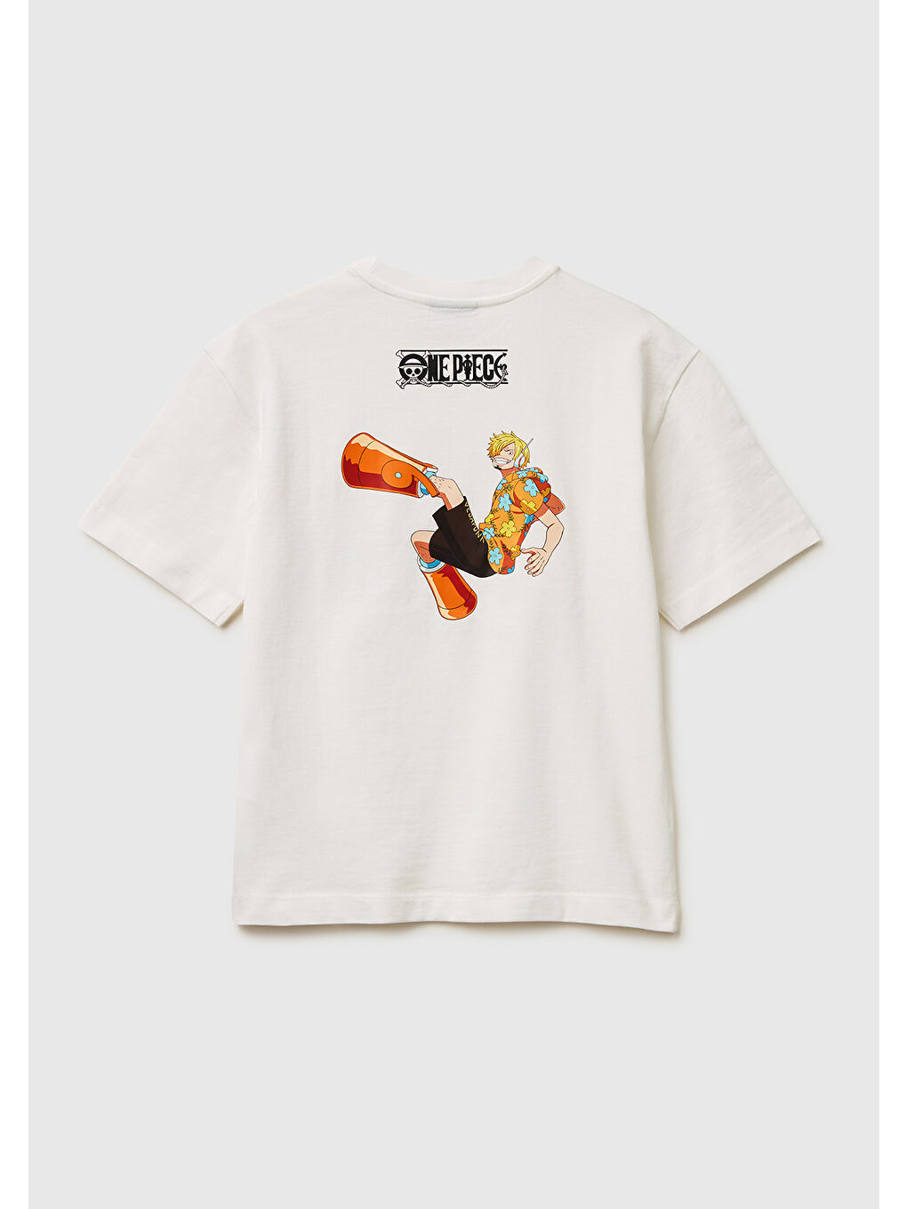 Erkek Çocuk Beyaz Önü ve Arkası One Piece Baskılı Bisiklet Yaka T-Shirt-1