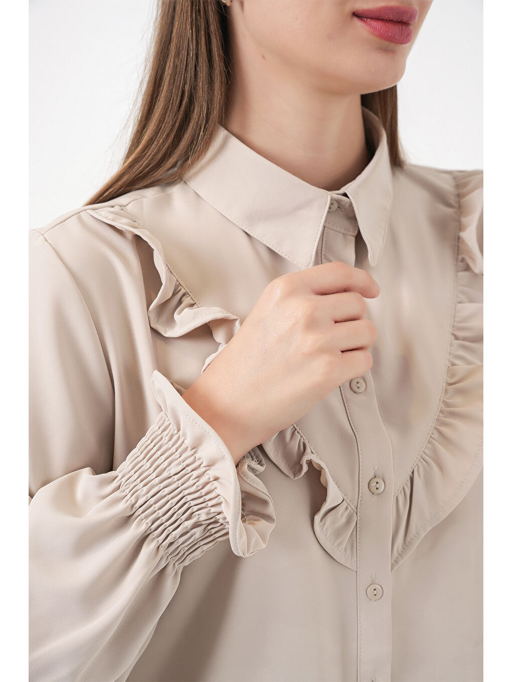 Bej 20223 Fırfırlı Uzun Kol Gömlek - Taş-6