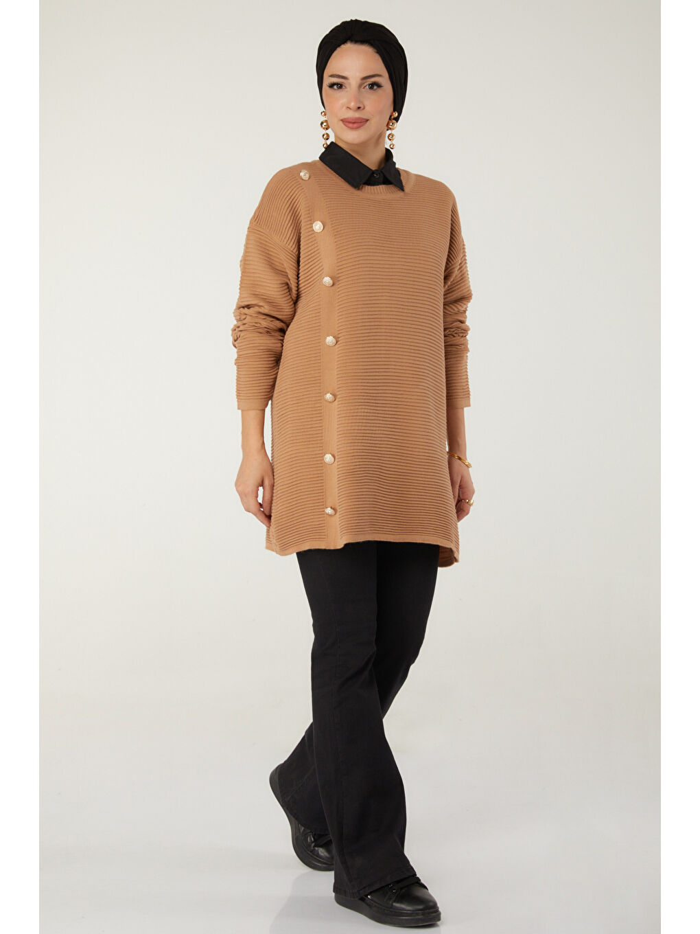 Bej Fitilli Düğmeli Triko Kazak Vizon - 27636-3