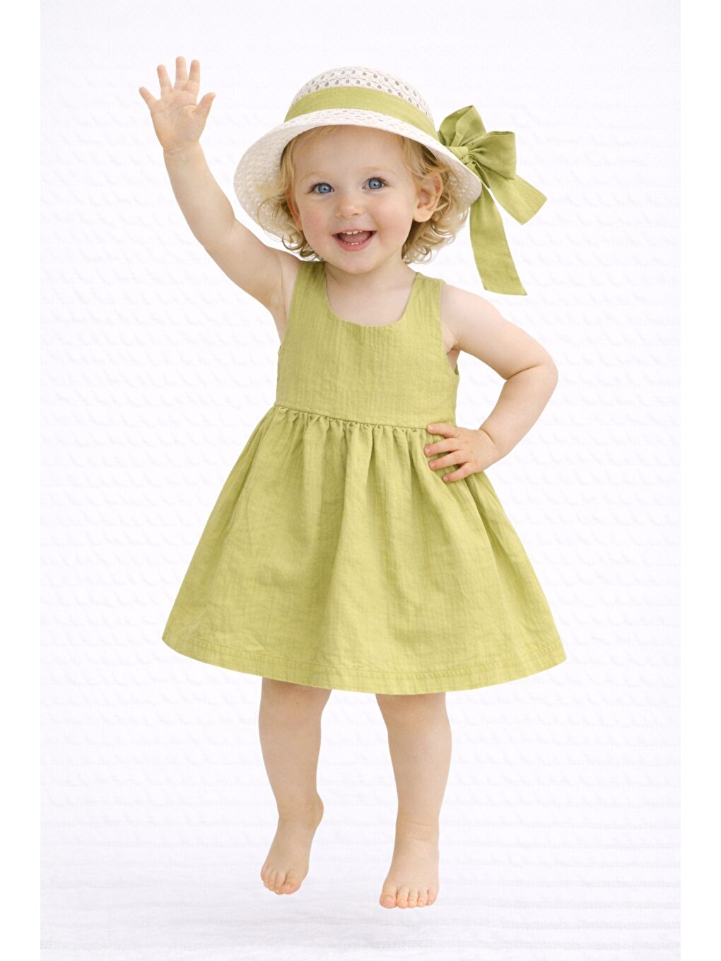 Yeşil Tatlı Kız Bebek Yazlık Fiyonklu Şapkalı Pamuklu 2'li elbise-5