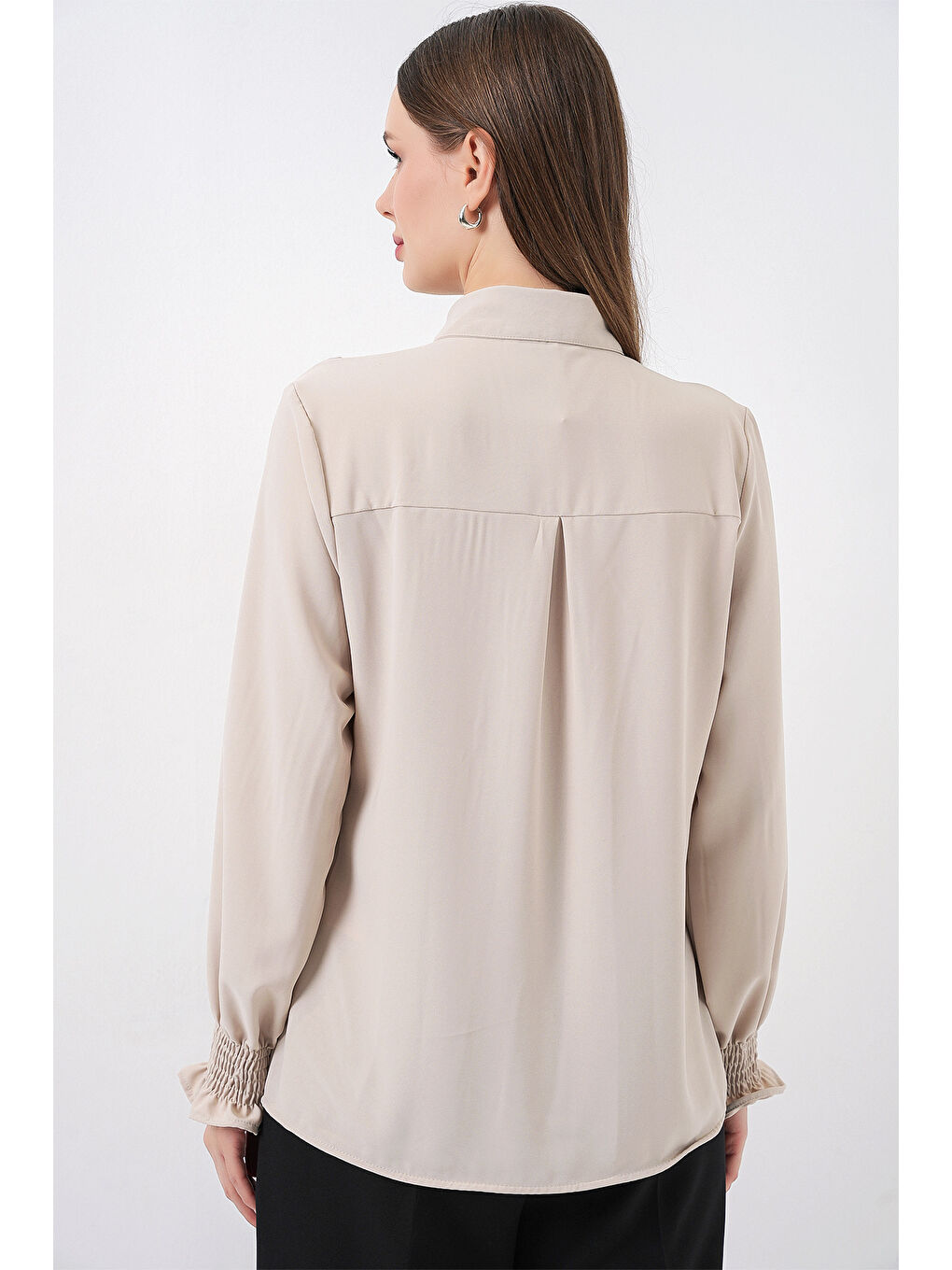 Bej 20223 Fırfırlı Uzun Kol Gömlek - Taş-7