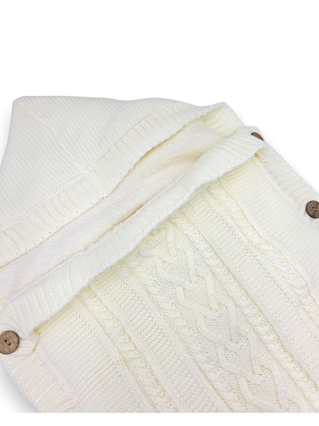 Ekru Natural İçi Welsoftlu Triko Bebek Kundak,kapüşonlu, Düğmeli Nefes Alan Kışlık Bebek Kundağı-4