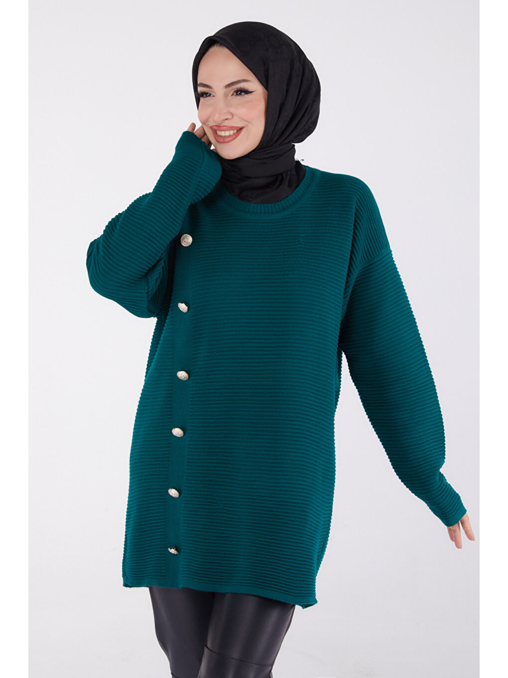 Yeşil Fitilli Düğmeli Triko Kazak Zumrut - 27636