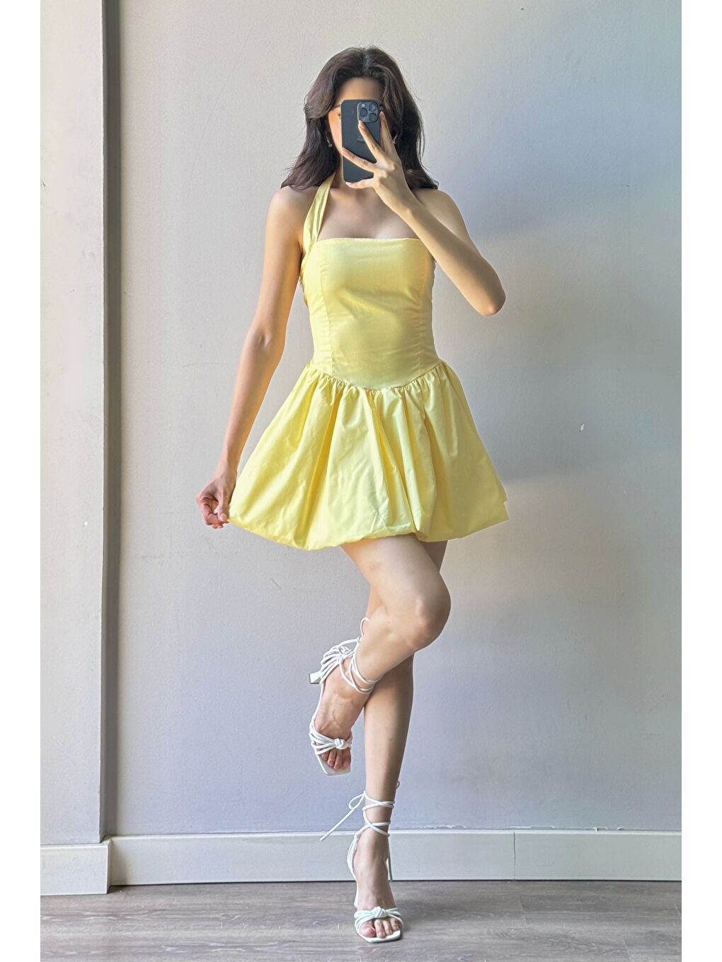 Kadın Sarı Bağlamalı Sırt Gipeli Balon Elbise 1026-221709-1