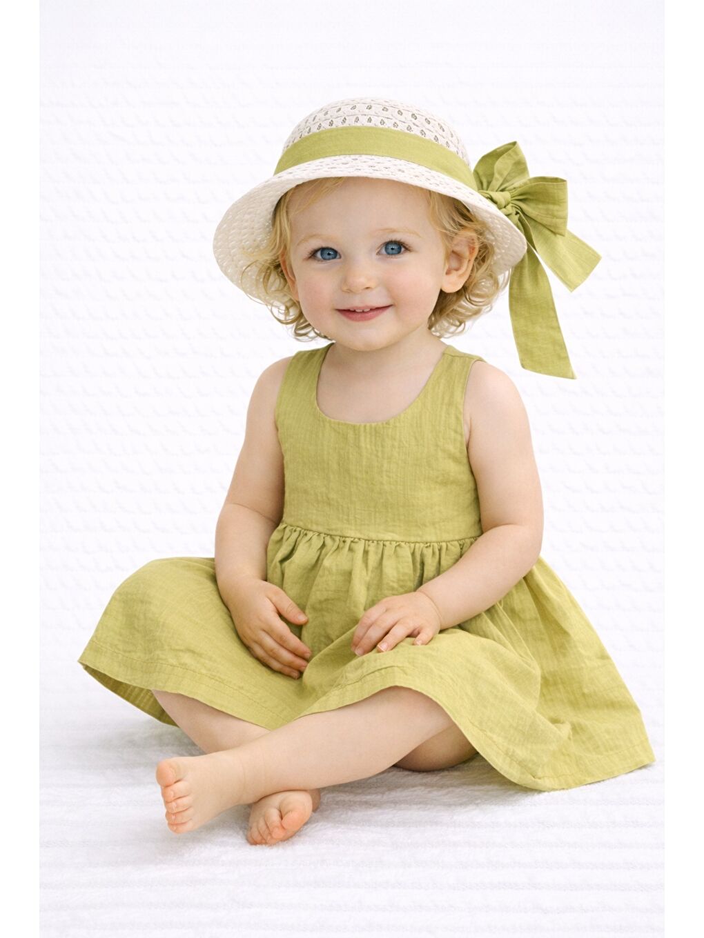 Yeşil Tatlı Kız Bebek Yazlık Fiyonklu Şapkalı Pamuklu 2'li elbise-6