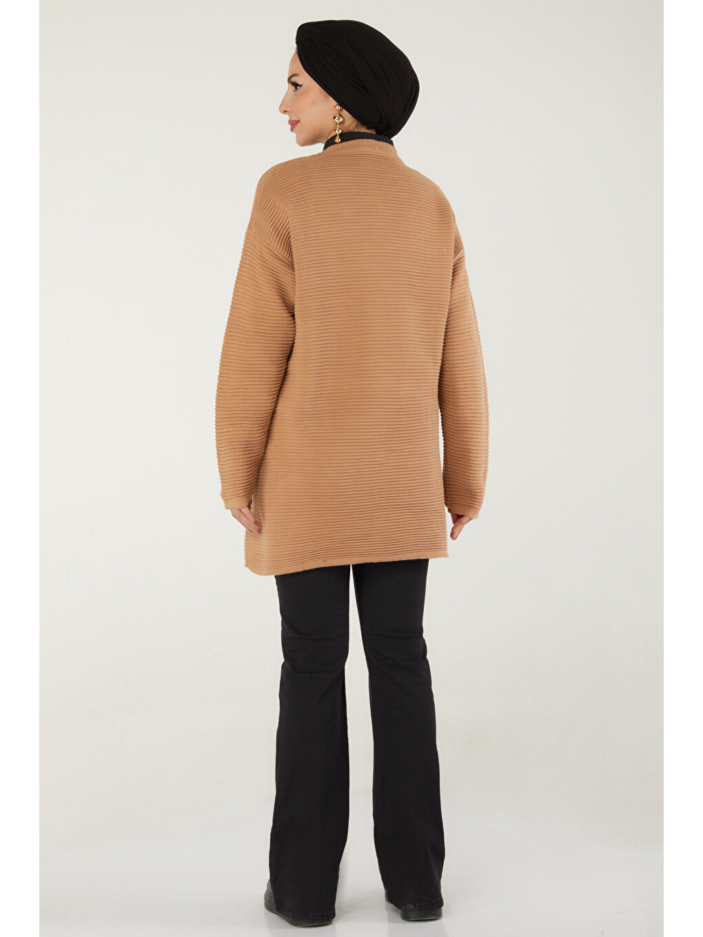 Bej Fitilli Düğmeli Triko Kazak Vizon - 27636-4