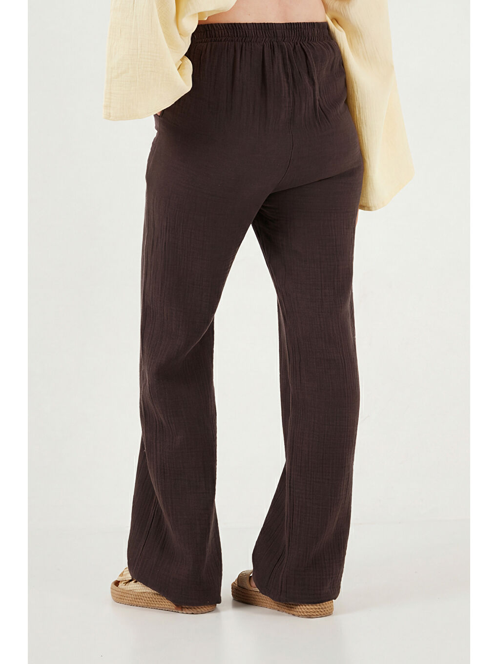 Kahverengi Pamuklu Bağlamalı Relaxed Fit Yüksek Bel Geniş Paça Kadın Müslim Pantolon 5866663-6