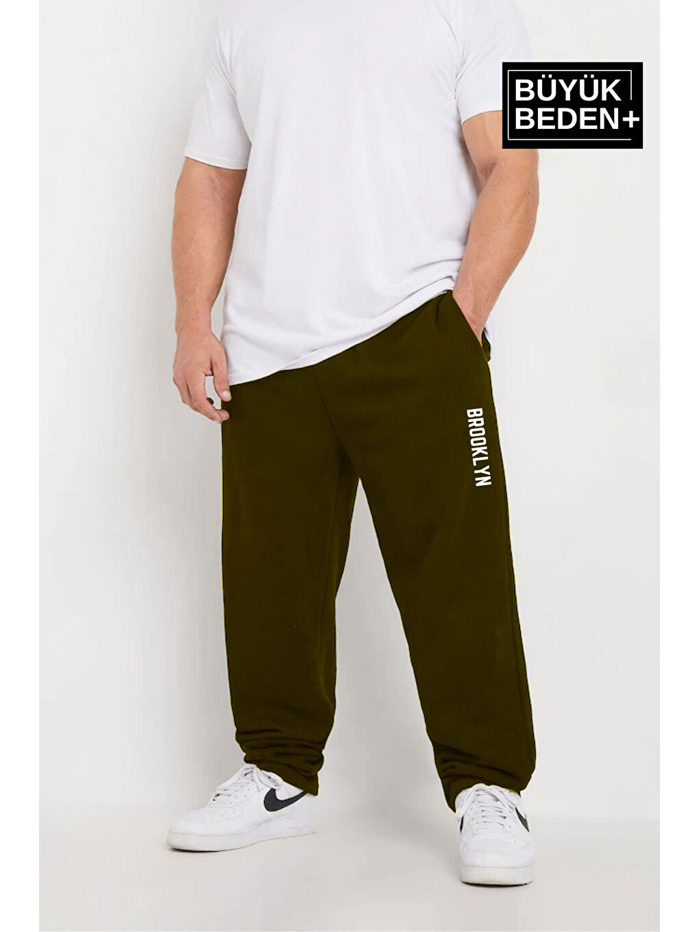 Haki Brooklyn Baskılı İnce Erkek Büyük Beden Eşofman Altı SPR25BEA54-1