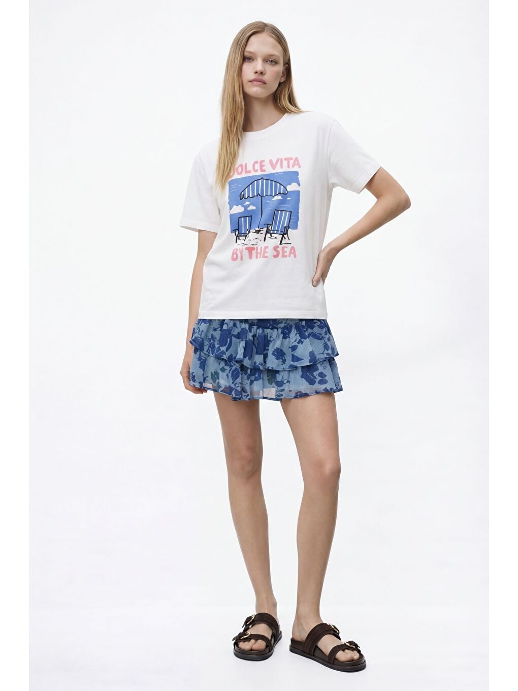 Plaj Baskılı Oversize Tişört Ekru