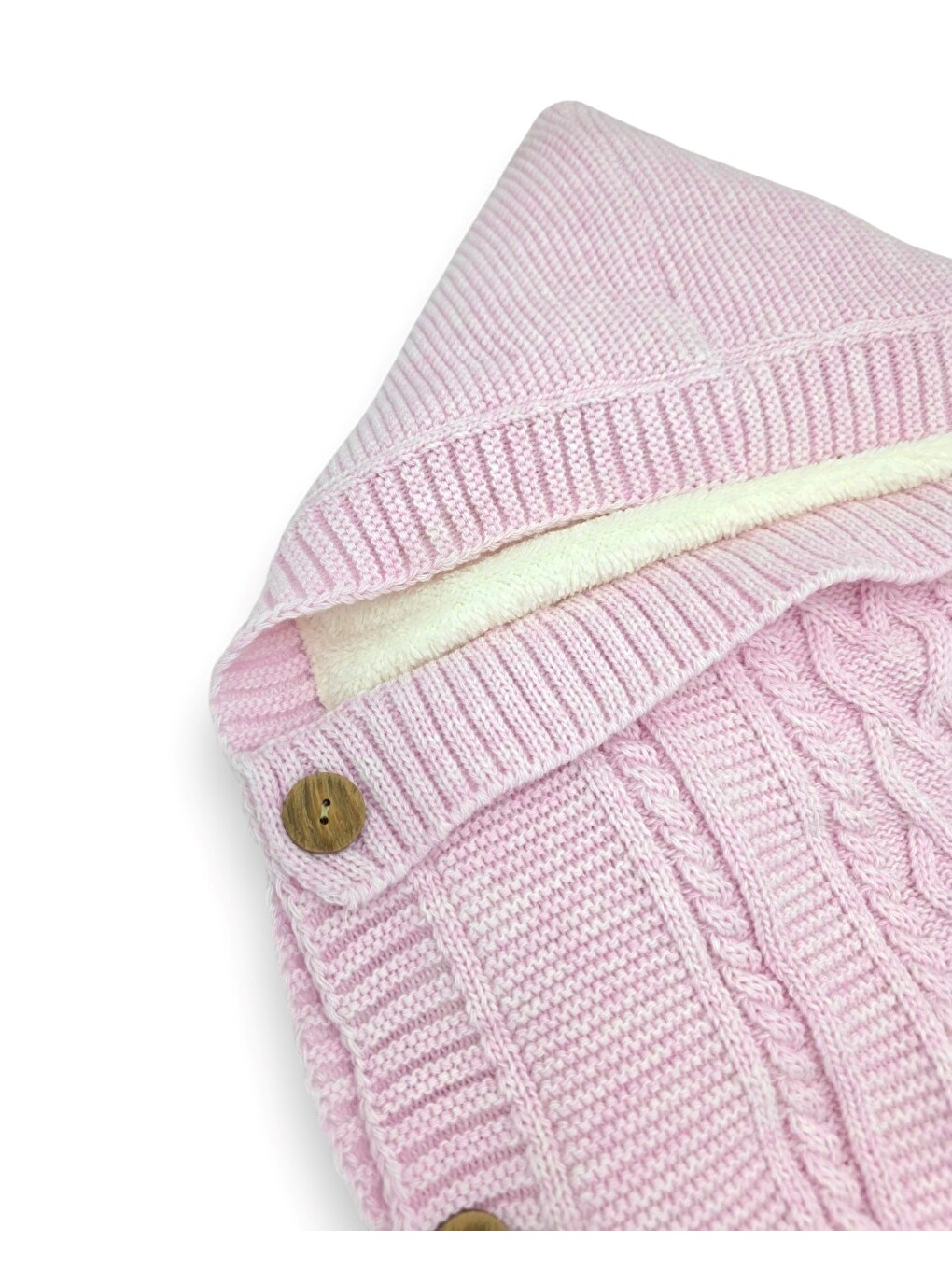 Pembe Natural İçi Welsoftlu Triko Bebek Kundak,kapüşonlu, Düğmeli Nefes Alan Kışlık Bebek Kundağı-1