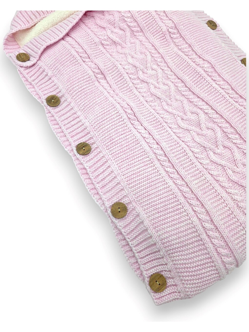 Pembe Natural İçi Welsoftlu Triko Bebek Kundak,kapüşonlu, Düğmeli Nefes Alan Kışlık Bebek Kundağı-2