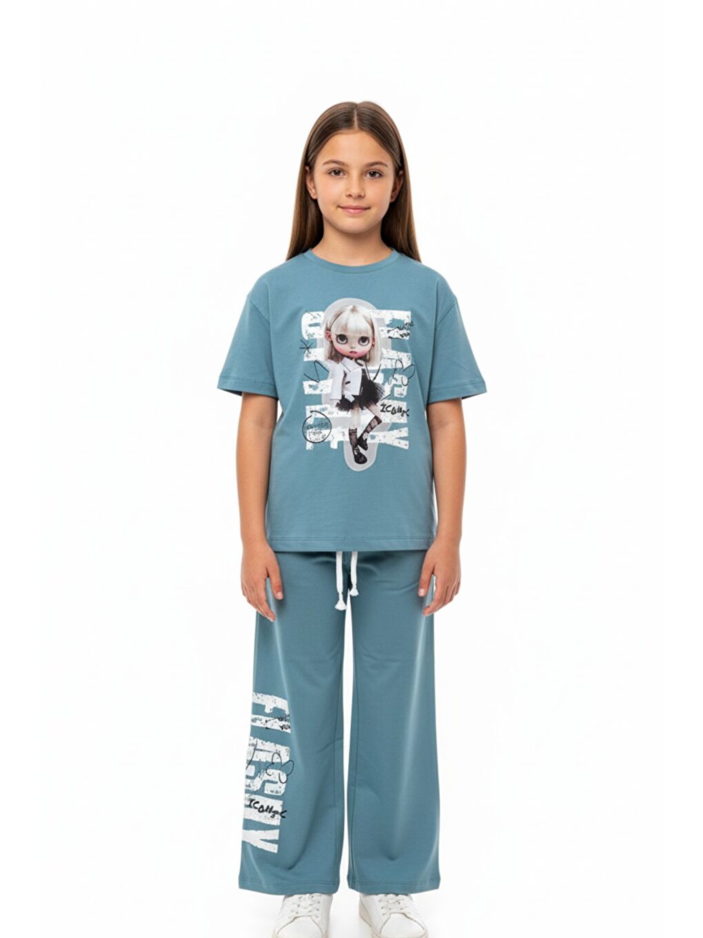 Mavi Kız Çocuk 2'li  Eşofman Takım Bisiklet Yaka Kısa Kollu Baskılı Tişört - Beli Lastikli Bağlamalı Cepl