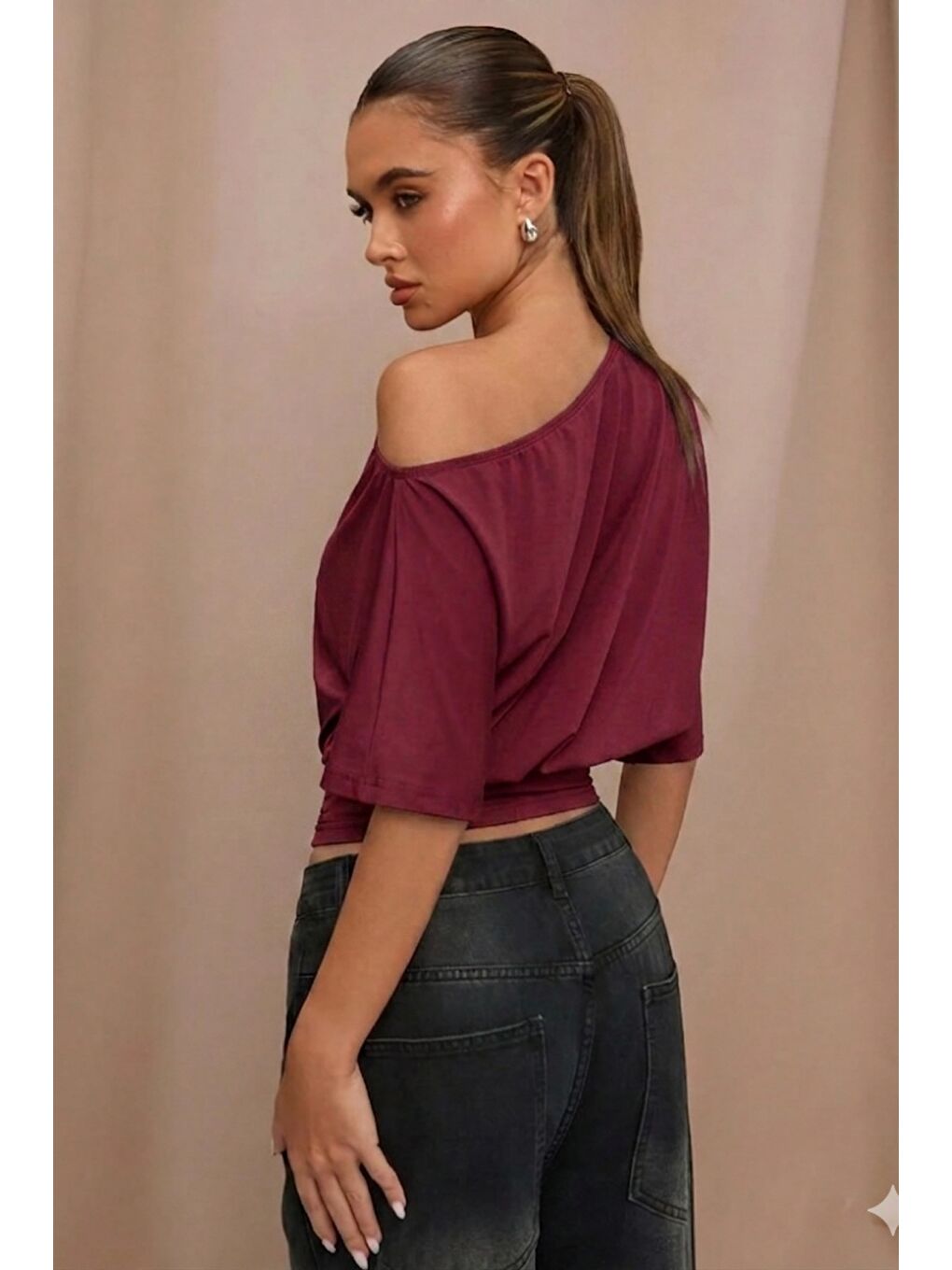 Bordo Omuz Dekolteli Elastanlı Süprem Kumaş Basic Tişört – Rahat Kesim Kadın Bluz-1