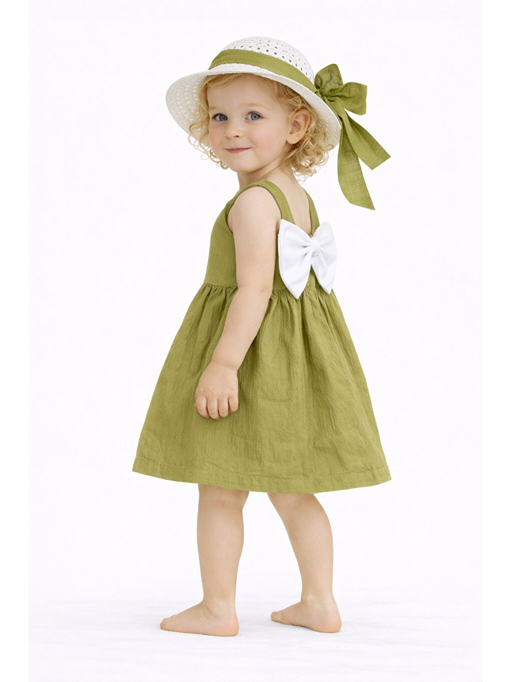 Yeşil Tatlı Kız Bebek Yazlık Fiyonklu Şapkalı Pamuklu 2'li elbise-7