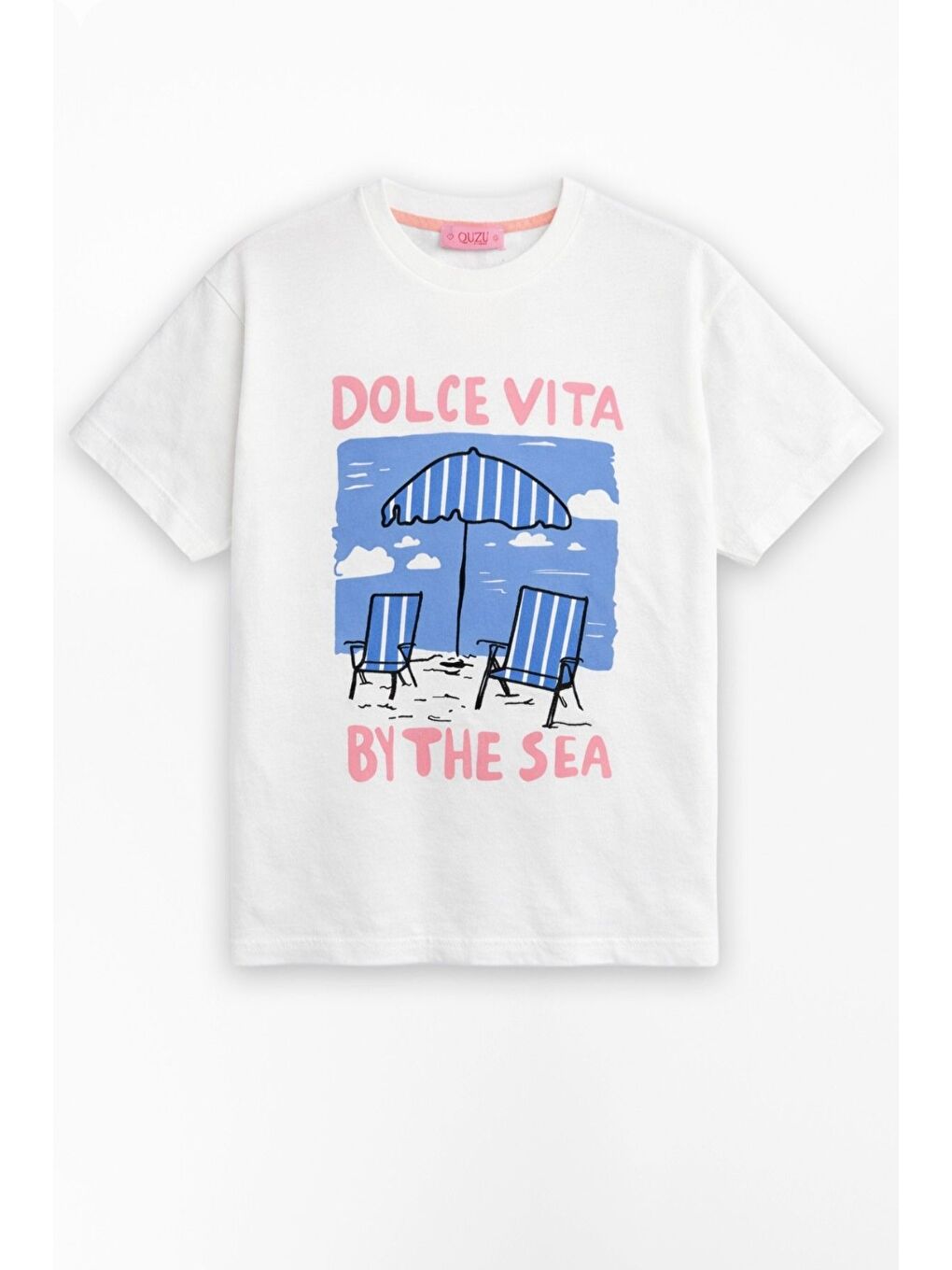 Plaj Baskılı Oversize Tişört Ekru-1