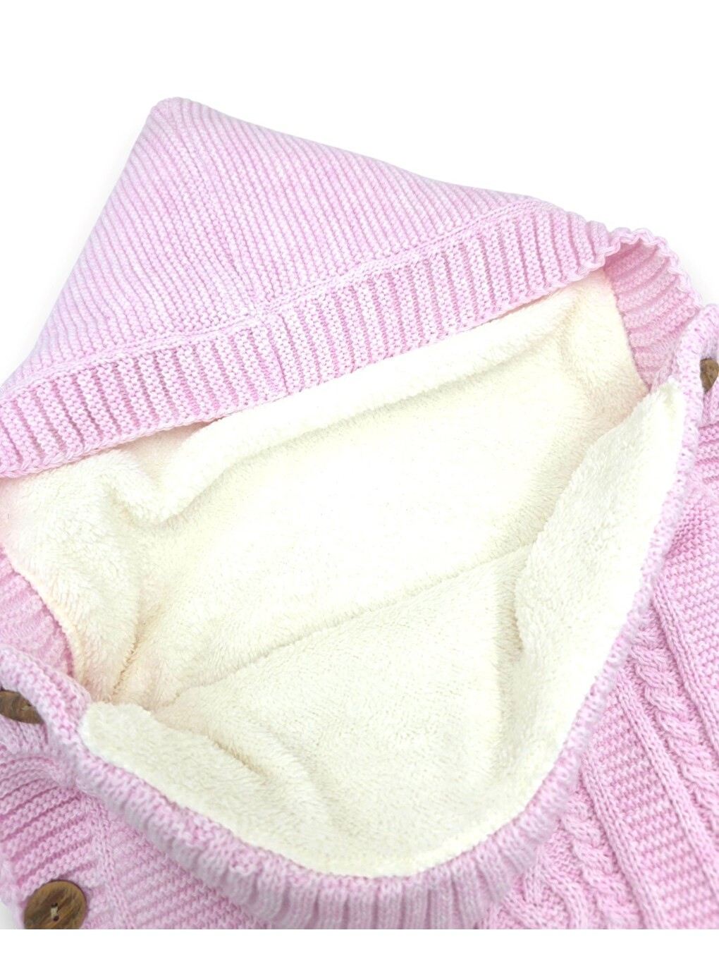 Pembe Natural İçi Welsoftlu Triko Bebek Kundak,kapüşonlu, Düğmeli Nefes Alan Kışlık Bebek Kundağı-4