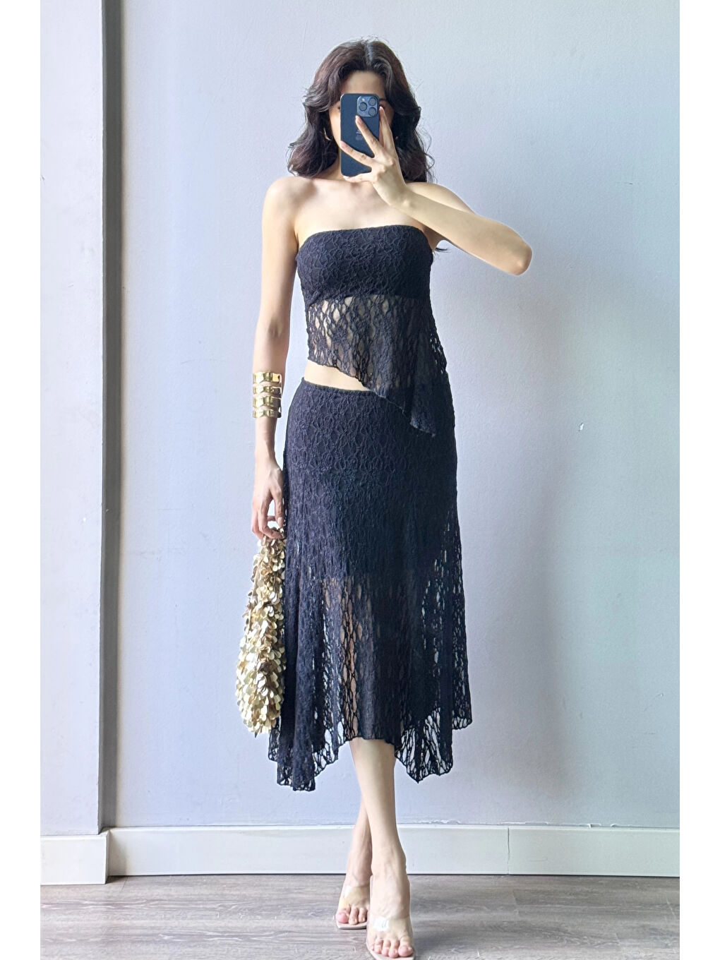 Kadın Siyah Dantel Crop Etek Takım 1026-221725-1