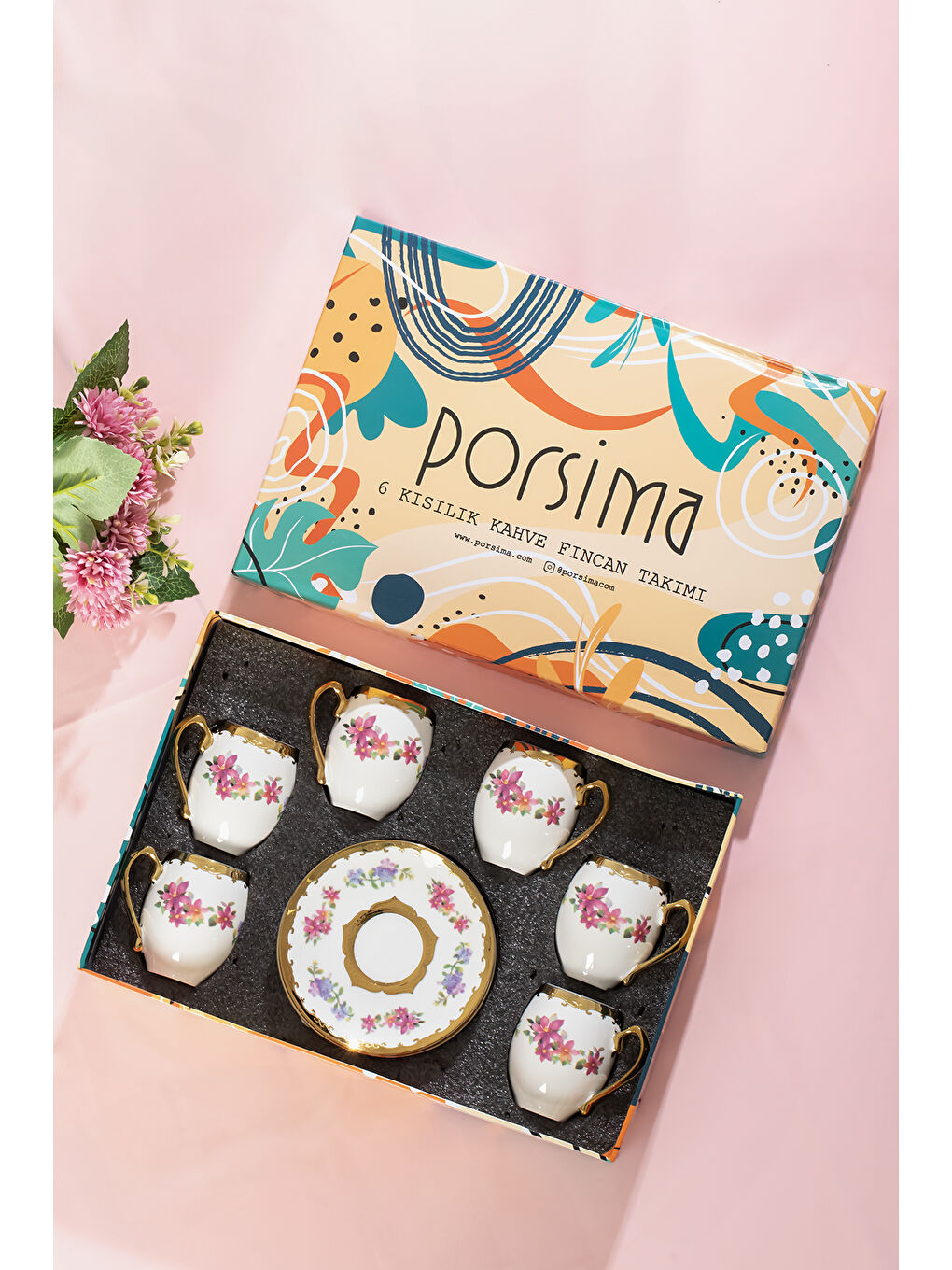 Karışık 3189 Aurora 12 Parça Yaldızlı Porselen Türk Kahve Fincan Takımı-1
