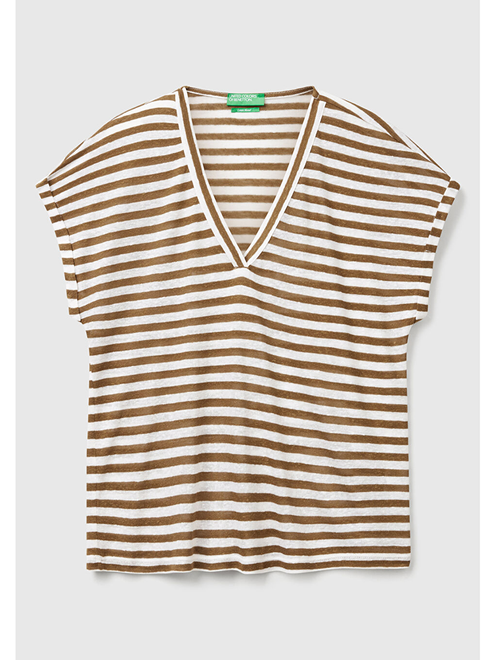 Kadın Kahverengi Mix Keten Karışımlı Rahat Kalıp Çizgili V Yaka T-Shirt-1