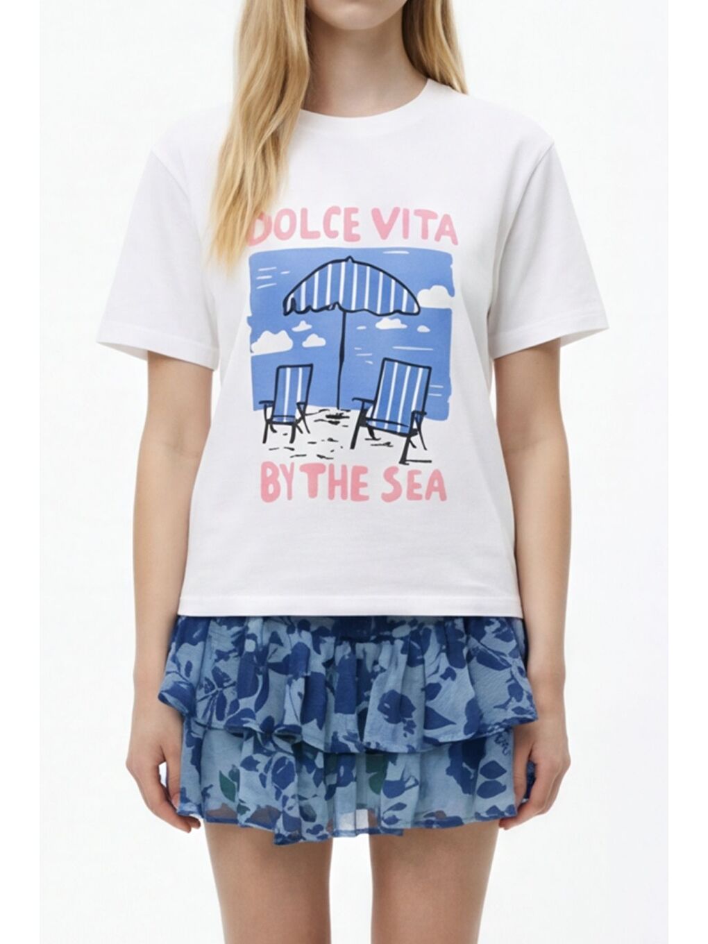 Plaj Baskılı Oversize Tişört Ekru-2