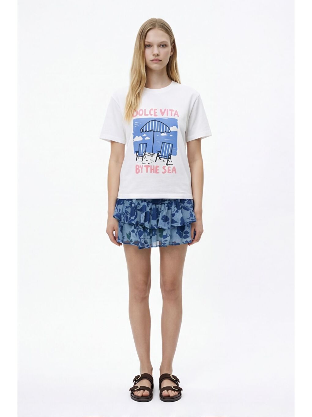 Plaj Baskılı Oversize Tişört Ekru-3