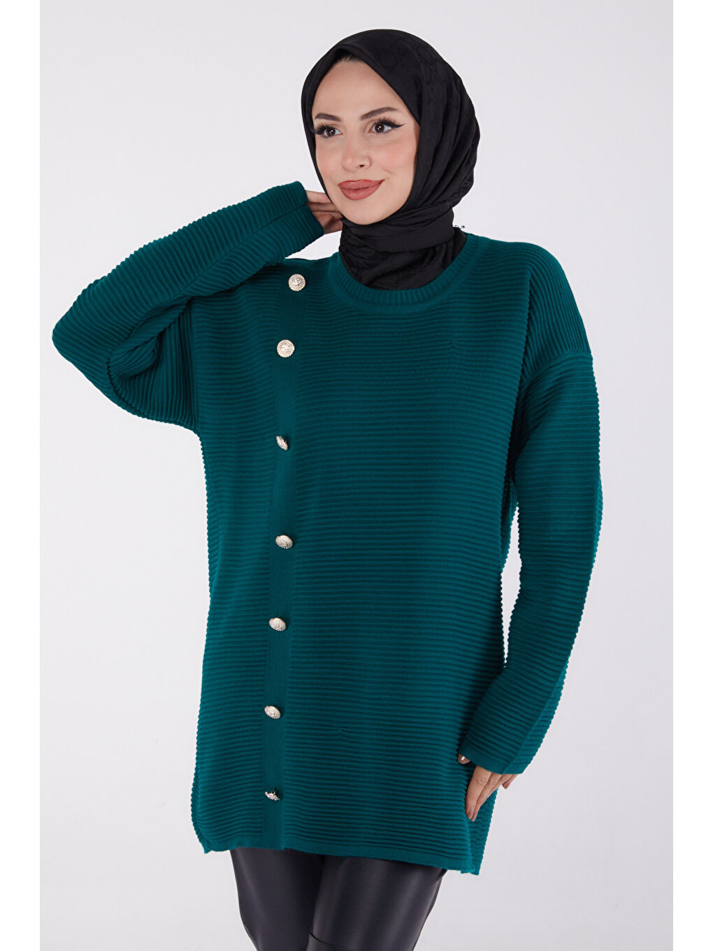 Yeşil Fitilli Düğmeli Triko Kazak Zumrut - 27636-1