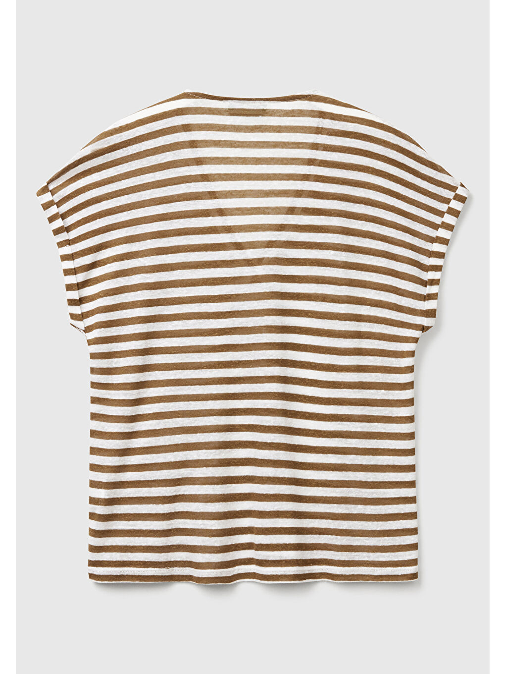 Kadın Kahverengi Mix Keten Karışımlı Rahat Kalıp Çizgili V Yaka T-Shirt-3
