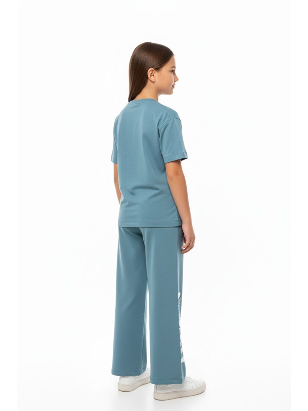 Mavi Kız Çocuk 2'li  Eşofman Takım Bisiklet Yaka Kısa Kollu Baskılı Tişört - Beli Lastikli Bağlamalı Cepl-1