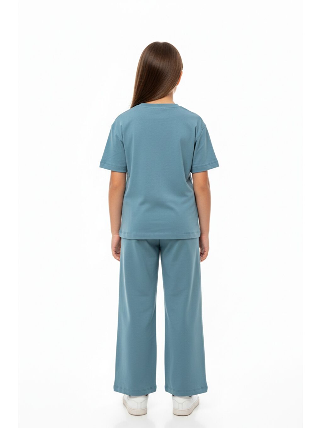 Mavi Kız Çocuk 2'li  Eşofman Takım Bisiklet Yaka Kısa Kollu Baskılı Tişört - Beli Lastikli Bağlamalı Cepl-3