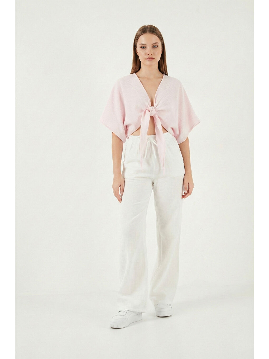 Ekru Pamuklu Bağlamalı Relaxed Fit Yüksek Bel Geniş Paça Kadın Müslim Pantolon 5866663-1