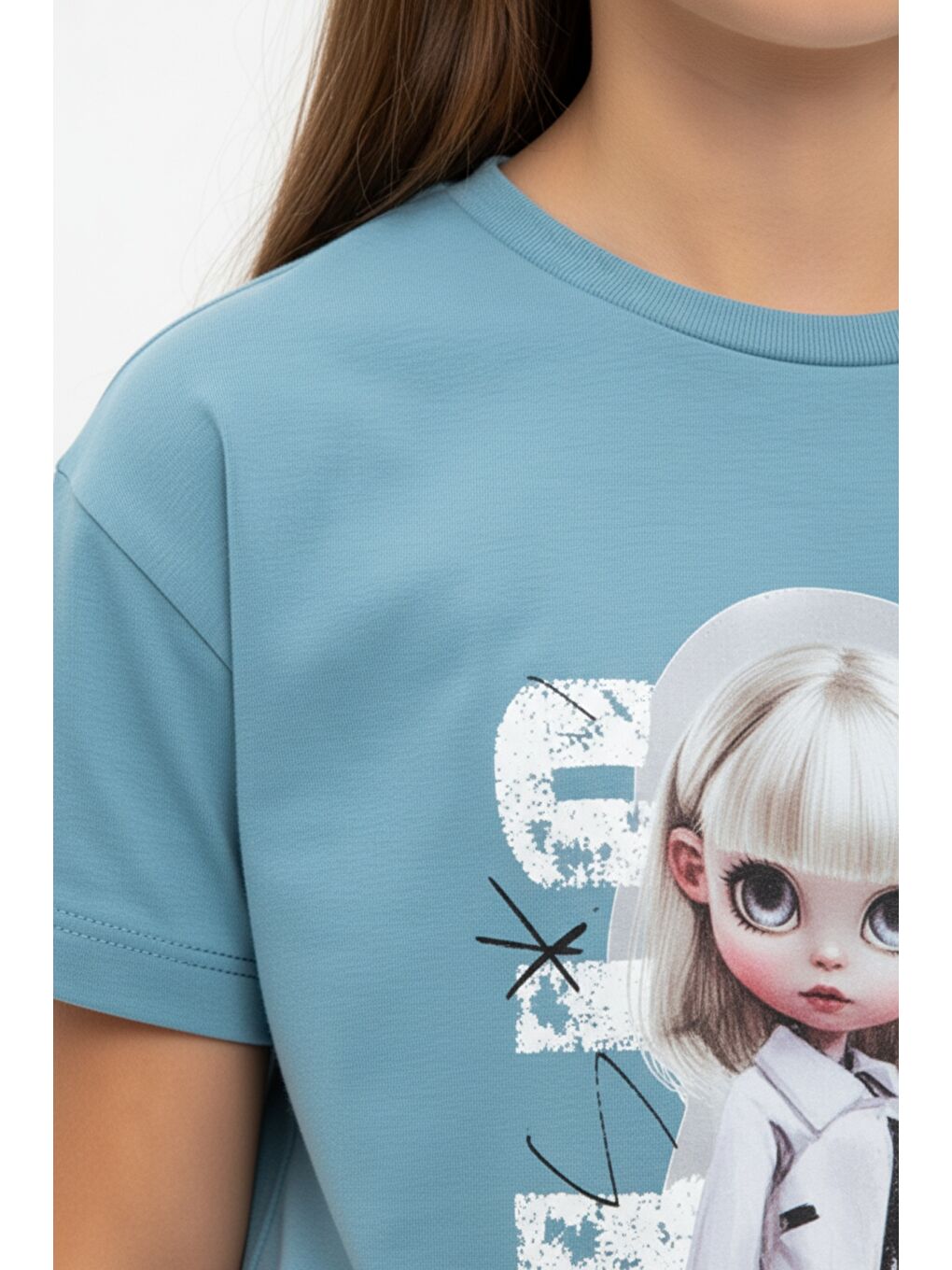 Mavi Kız Çocuk 2'li  Eşofman Takım Bisiklet Yaka Kısa Kollu Baskılı Tişört - Beli Lastikli Bağlamalı Cepl-4