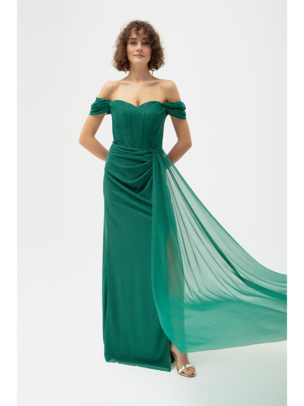 Kadın Zümrüt Yeşili Balen Korse Detaylı Simli Uzun Abiye Elbise