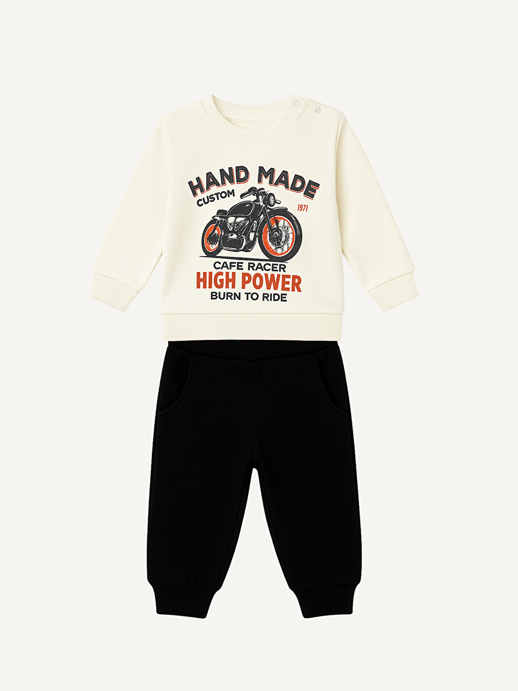 Ekru Bisiklet Yaka Baskılı Erkek Bebek Sweatshirt ve Eşofman Alt 2'li-1