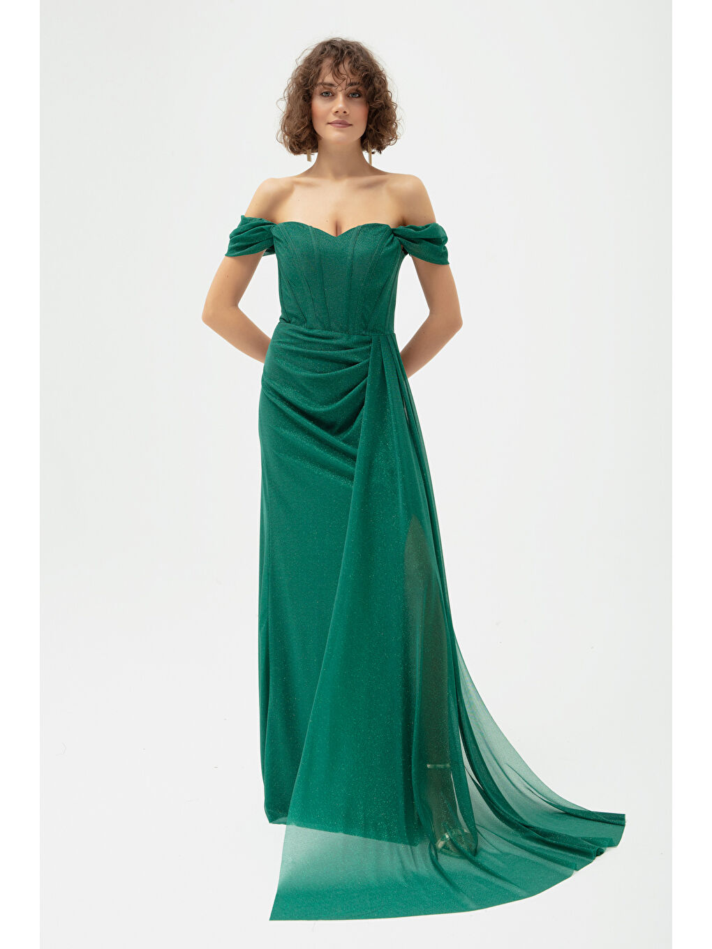 Kadın Zümrüt Yeşili Balen Korse Detaylı Simli Uzun Abiye Elbise-1