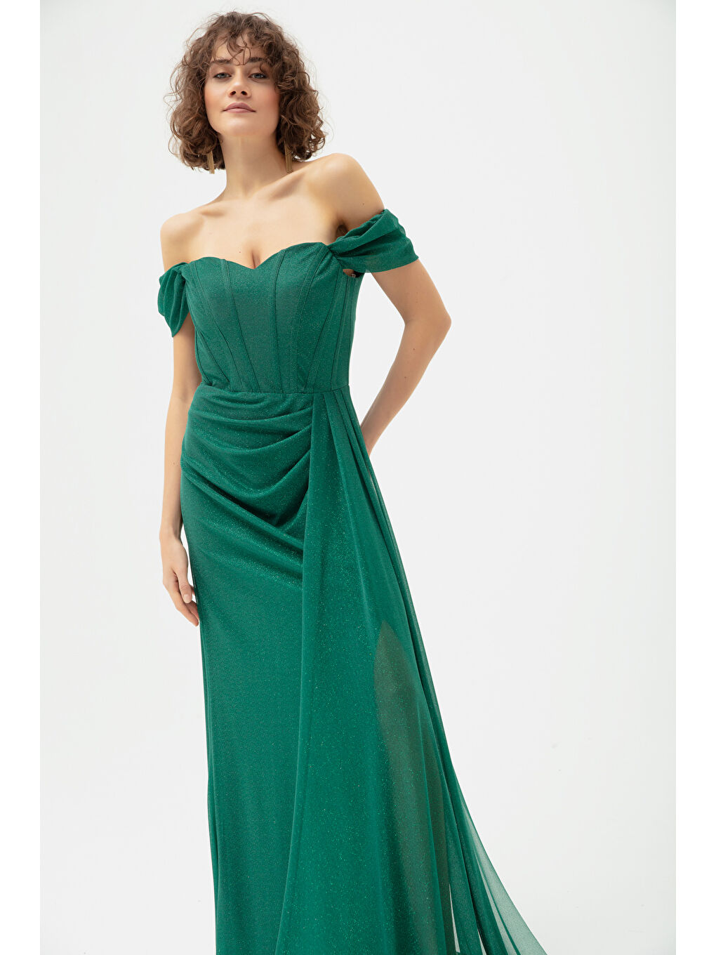 Kadın Zümrüt Yeşili Balen Korse Detaylı Simli Uzun Abiye Elbise-2
