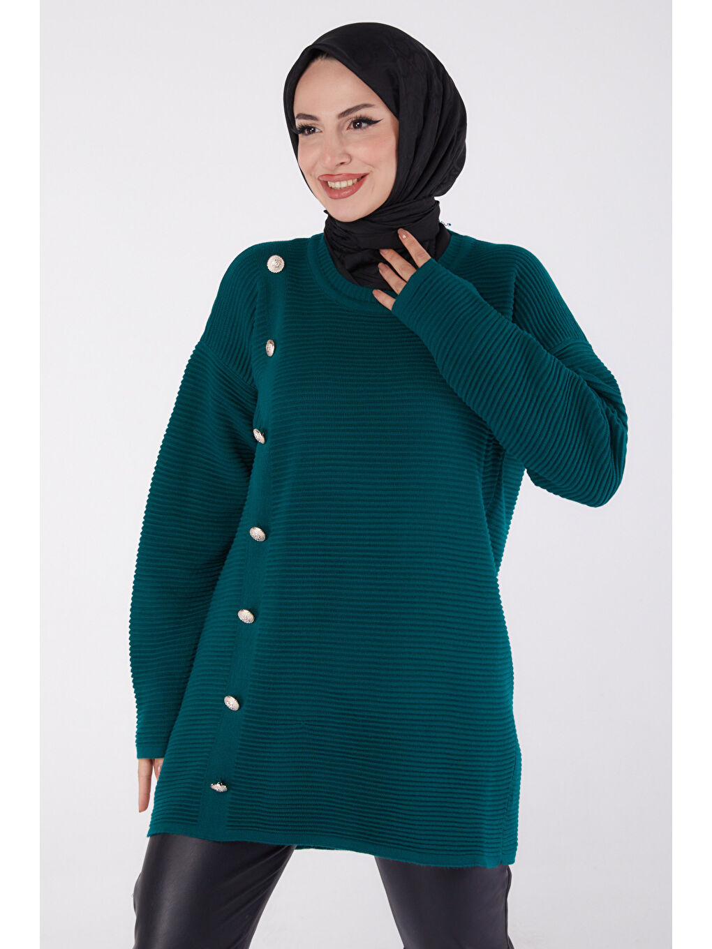 Yeşil Fitilli Düğmeli Triko Kazak Zumrut - 27636-2