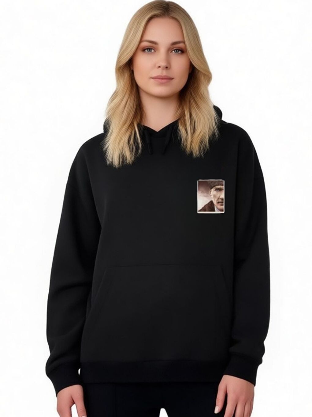 Kadın Siyah Portre Atamız Baskılı Kapüşonlu Sweatshirt