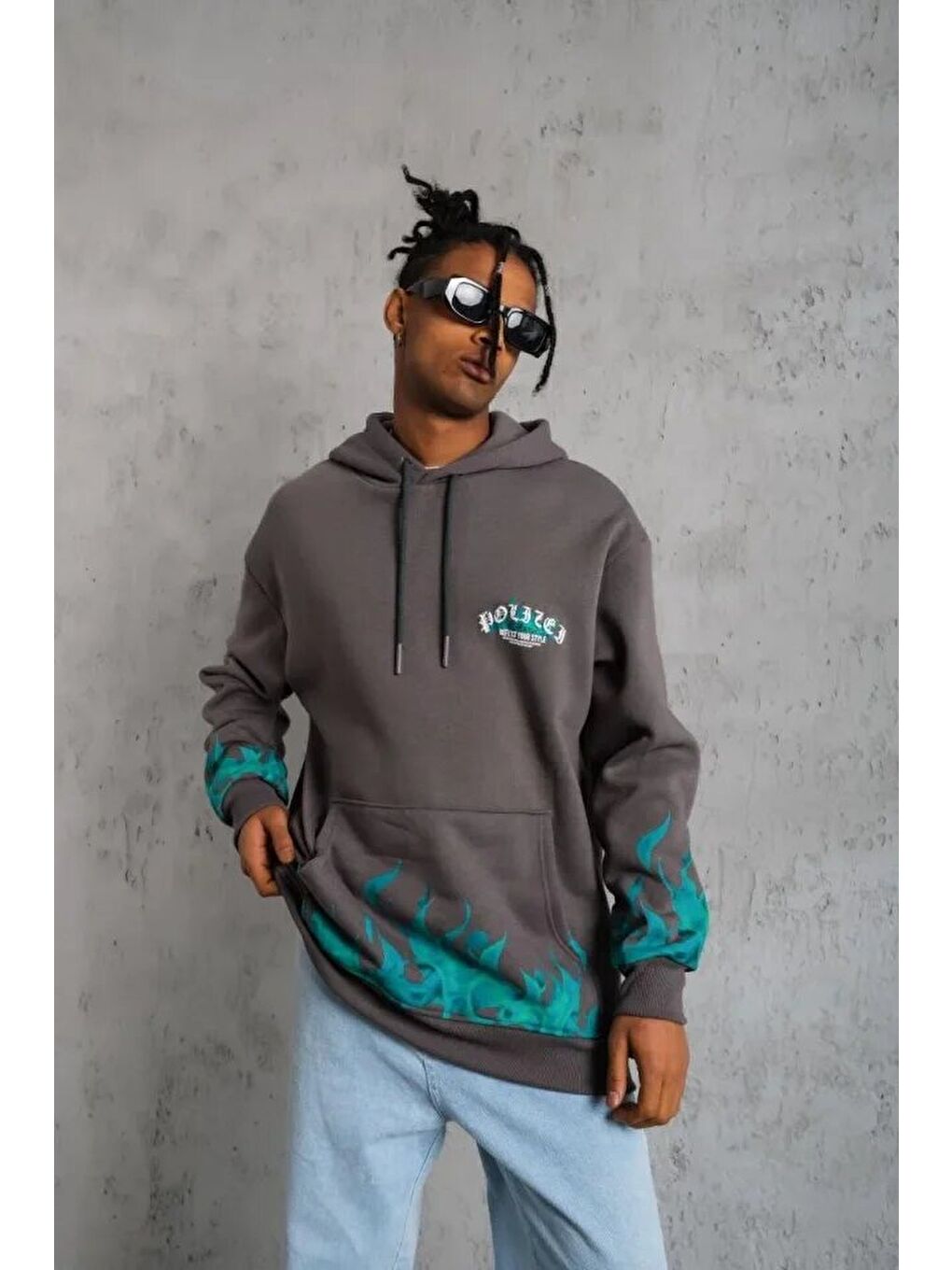 Erkek Üç İplik İçi Pamuklu Alev Baskılı Kapüşonlu Sweatshirt - Gri-1