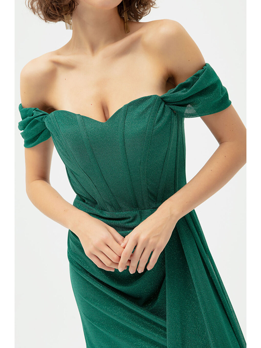 Kadın Zümrüt Yeşili Balen Korse Detaylı Simli Uzun Abiye Elbise-3