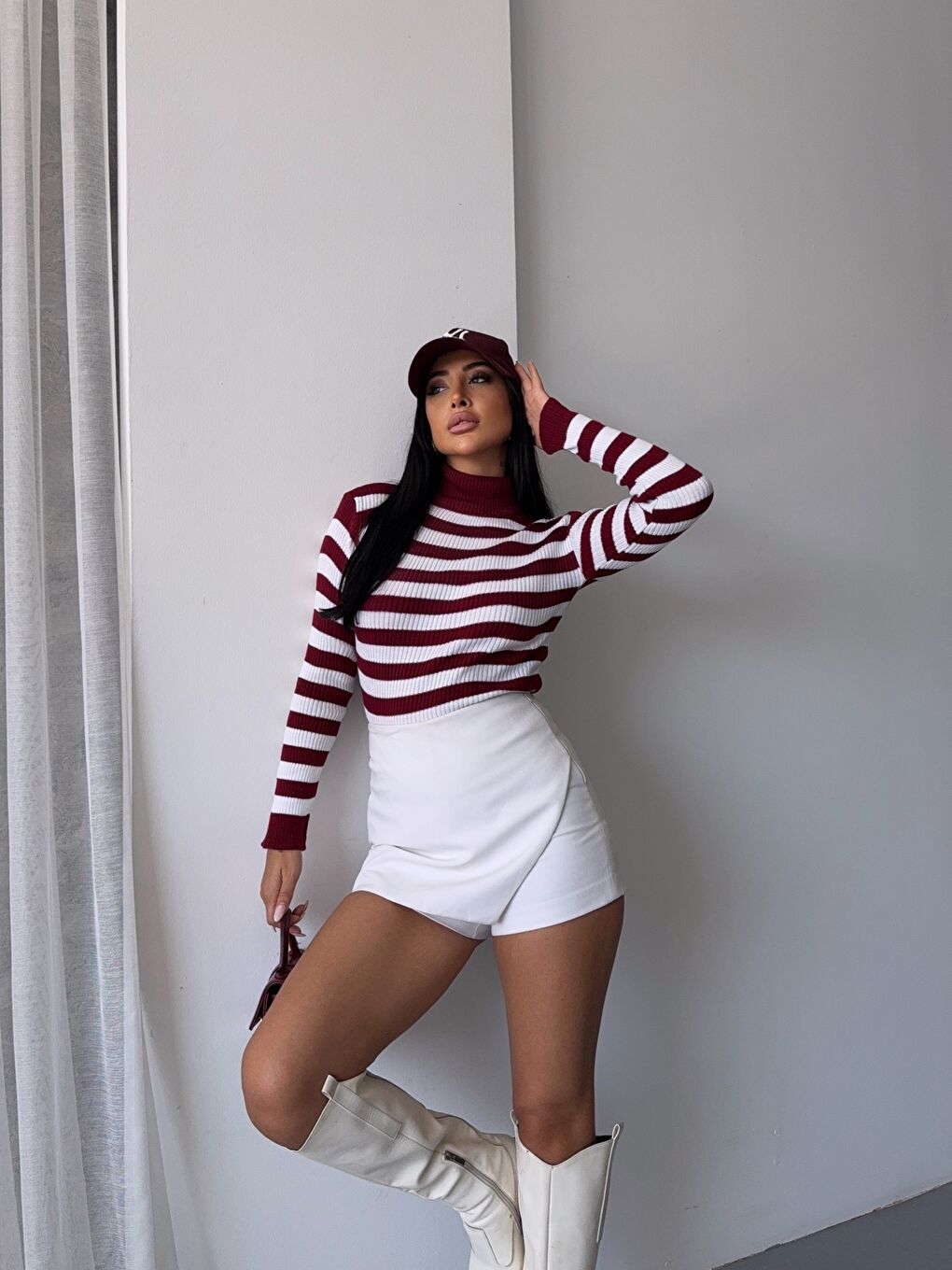 Bordo Boğazlı Çizgili Triko Kazak-4