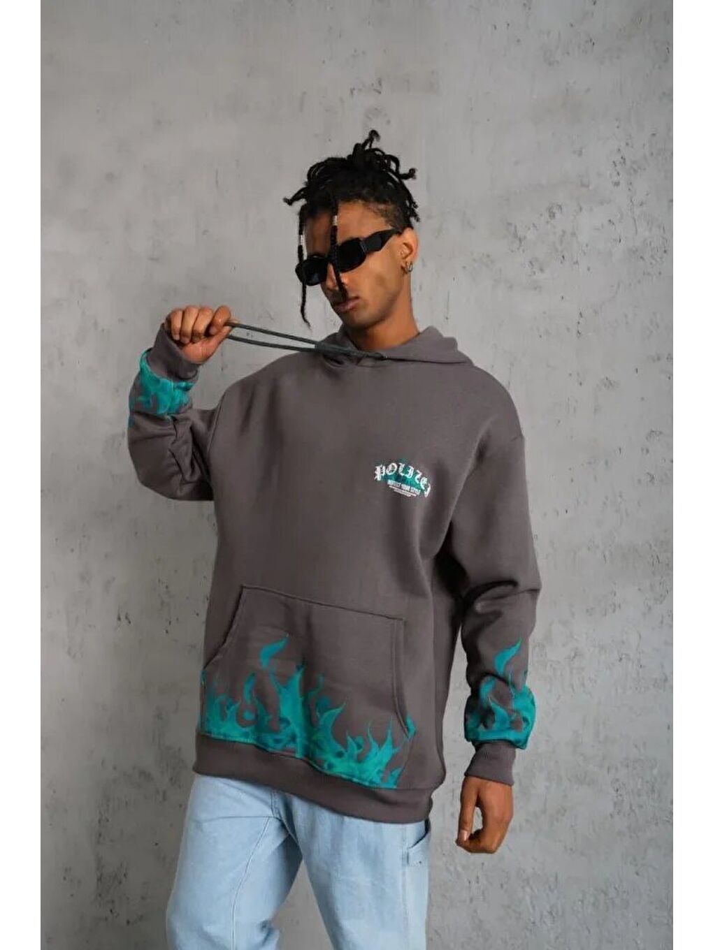 Erkek Üç İplik İçi Pamuklu Alev Baskılı Kapüşonlu Sweatshirt - Gri-2