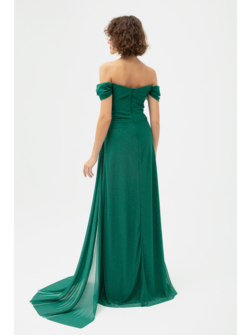 Kadın Zümrüt Yeşili Balen Korse Detaylı Simli Uzun Abiye Elbise-4