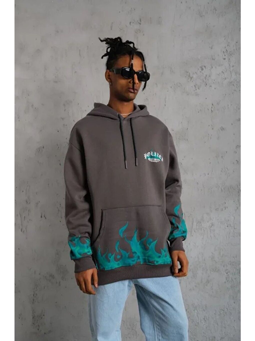 Erkek Üç İplik İçi Pamuklu Alev Baskılı Kapüşonlu Sweatshirt - Gri-3