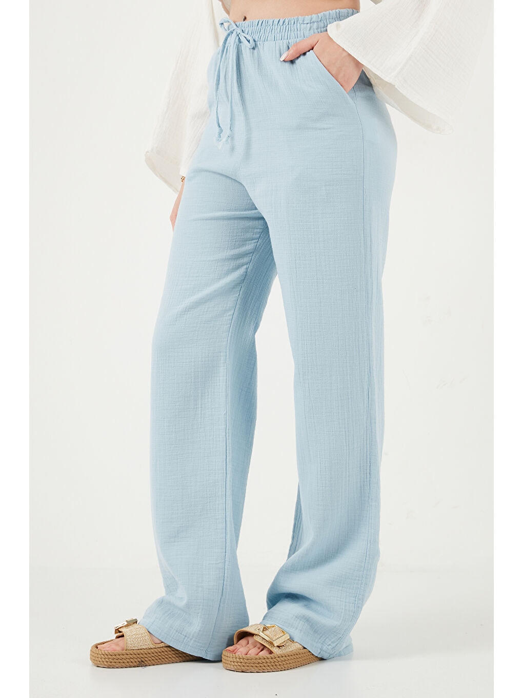 Mavi Pamuklu Bağlamalı Relaxed Fit Yüksek Bel Geniş Paça Kadın Müslim Pantolon 5866663-5