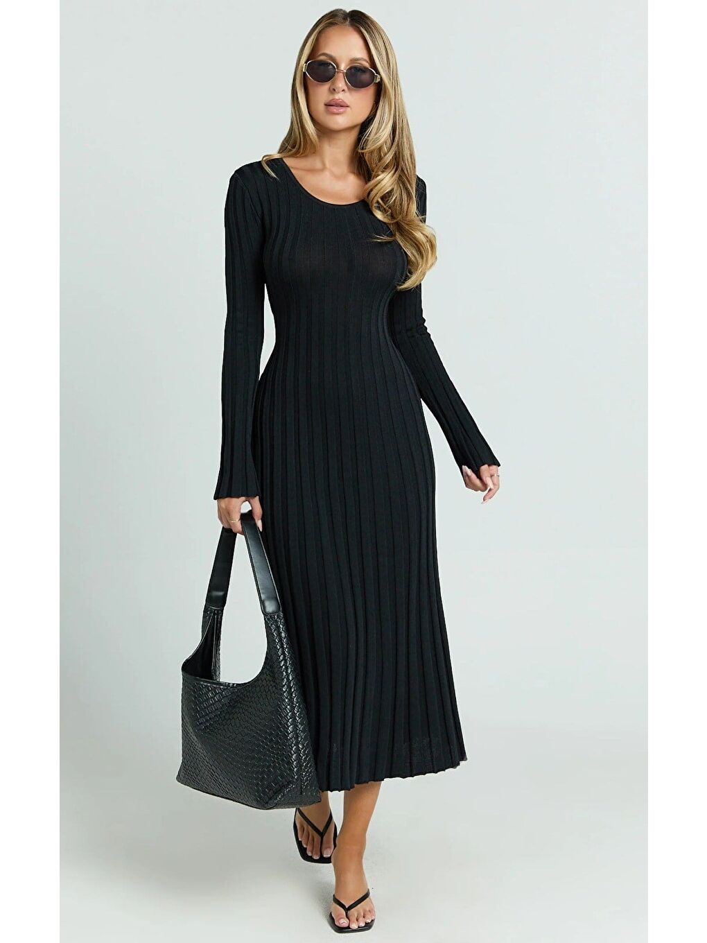 Siyah Vücuda Oturan Fitilli Triko Midi Kadın Elbise Mg2691