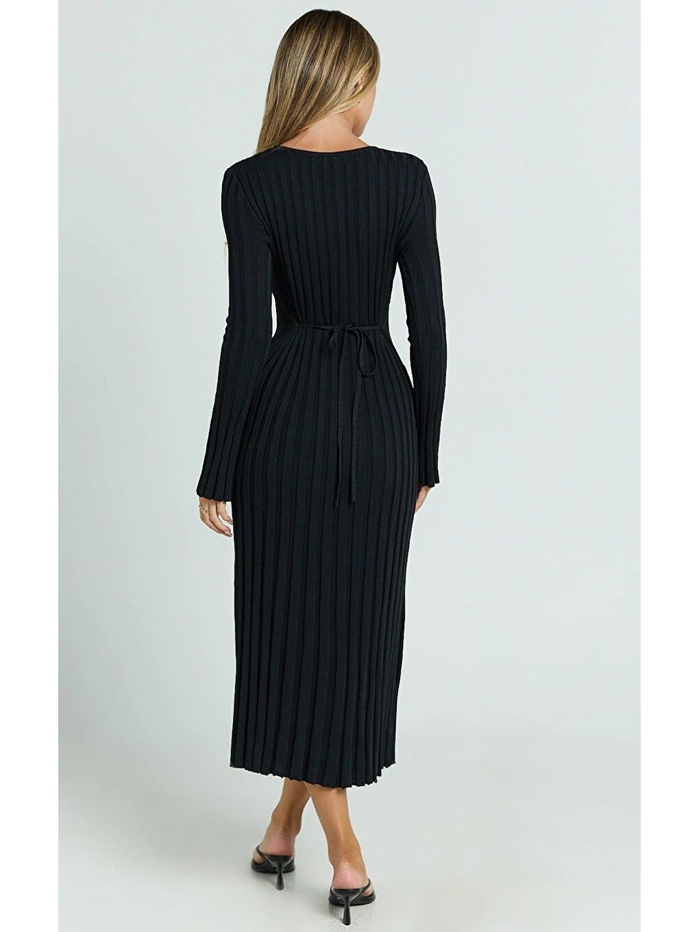 Siyah Vücuda Oturan Fitilli Triko Midi Kadın Elbise Mg2691-1