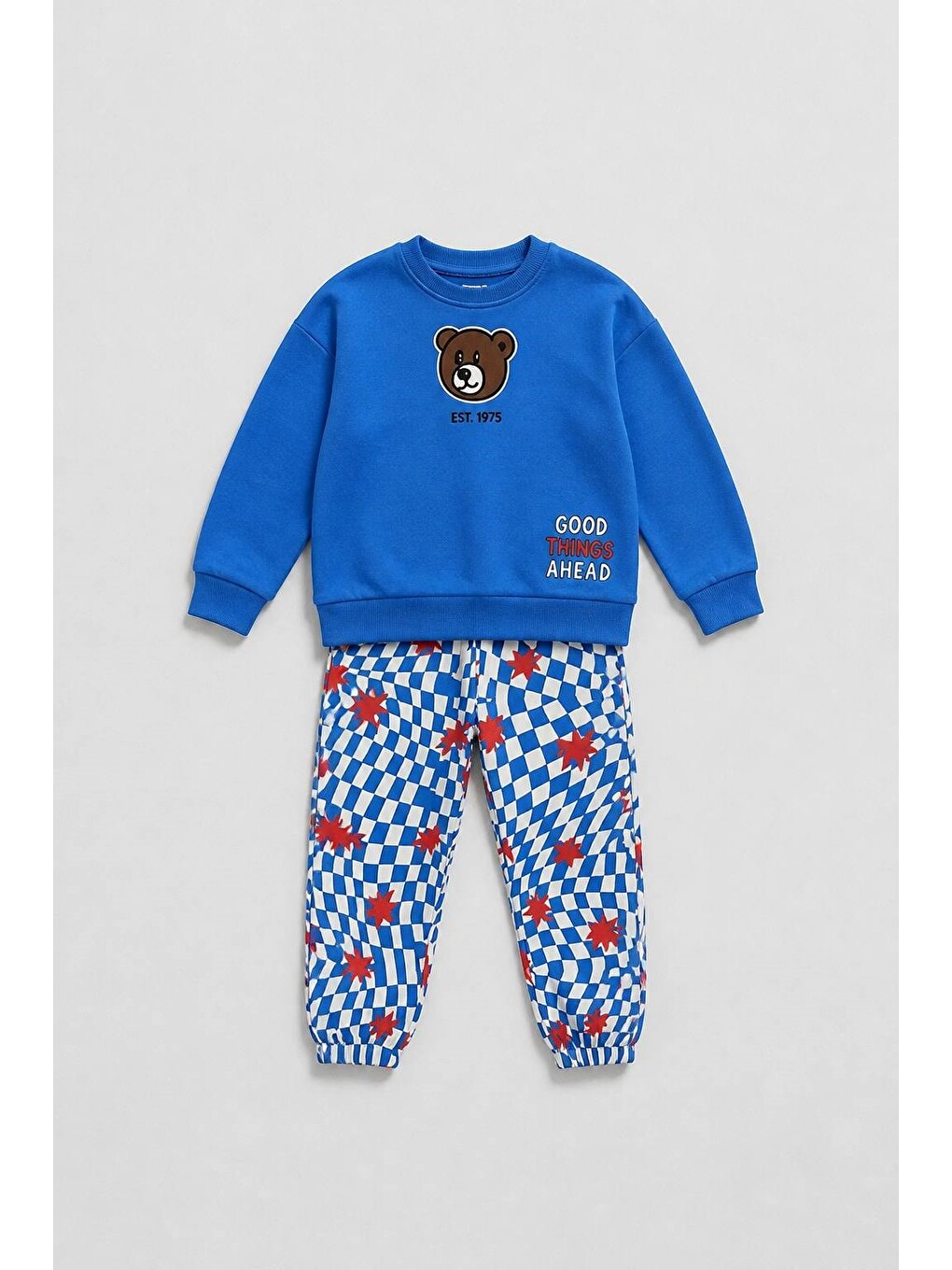 Karışık Çocuk Ayıcık Baskılı Mavi Sweatshirt Ve Desenli Eşofman Altı Takımı-1