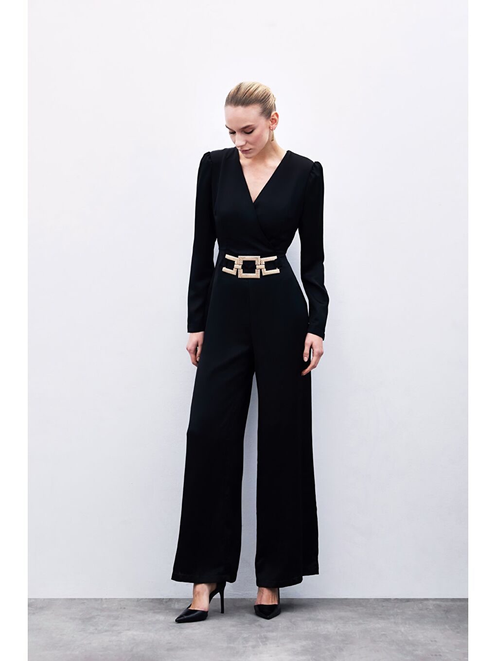 Sabit Kemerli Saten Tulum - Siyah